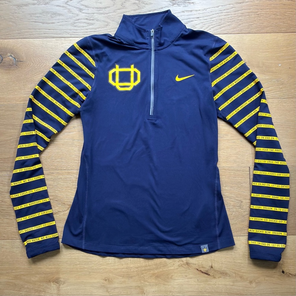 Nike Oregon Ducks Quarter Zip Pullover Alma Mater Song Lyric Womens Small EUC